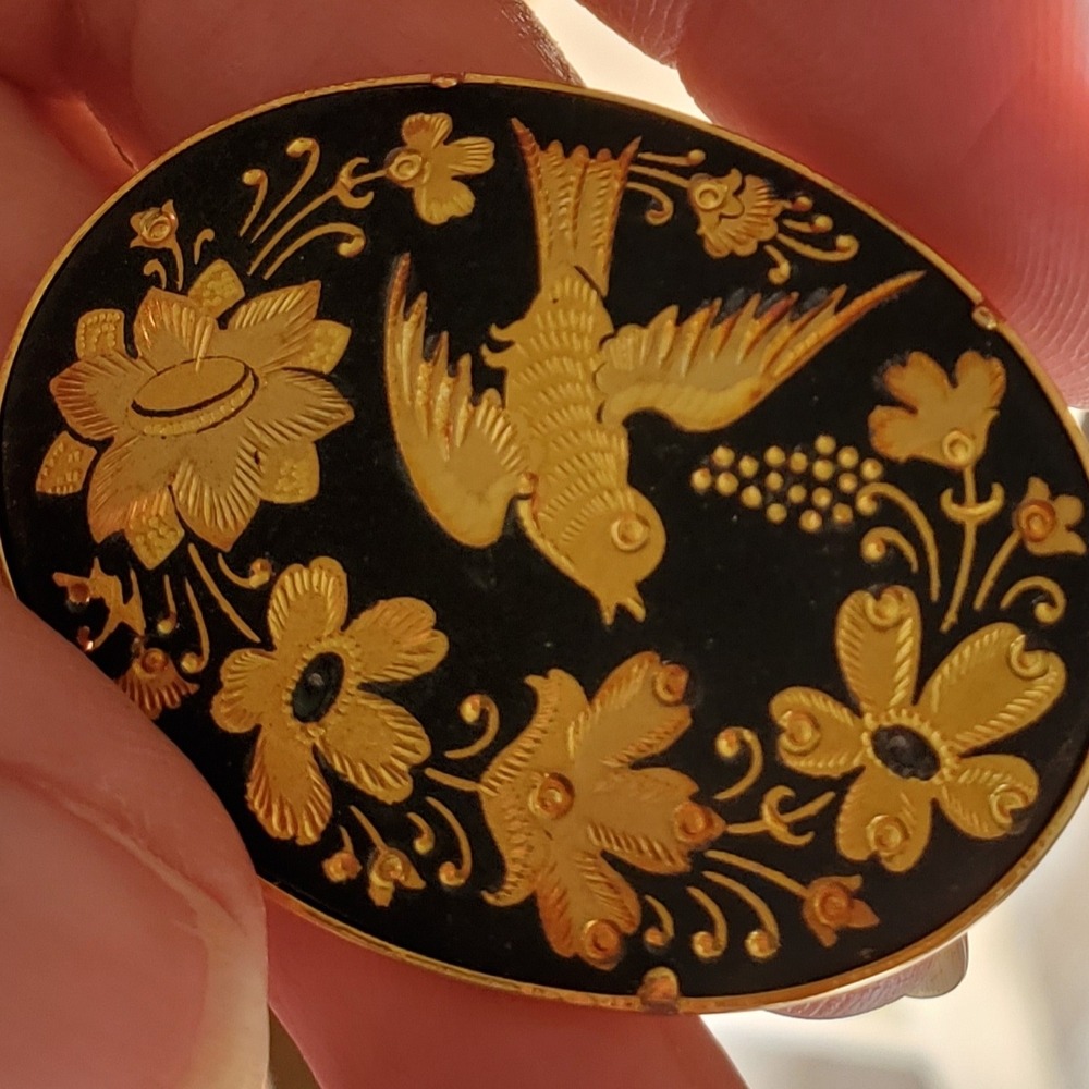 Vintage Black and Gold Brooch with Bird and Floral Design